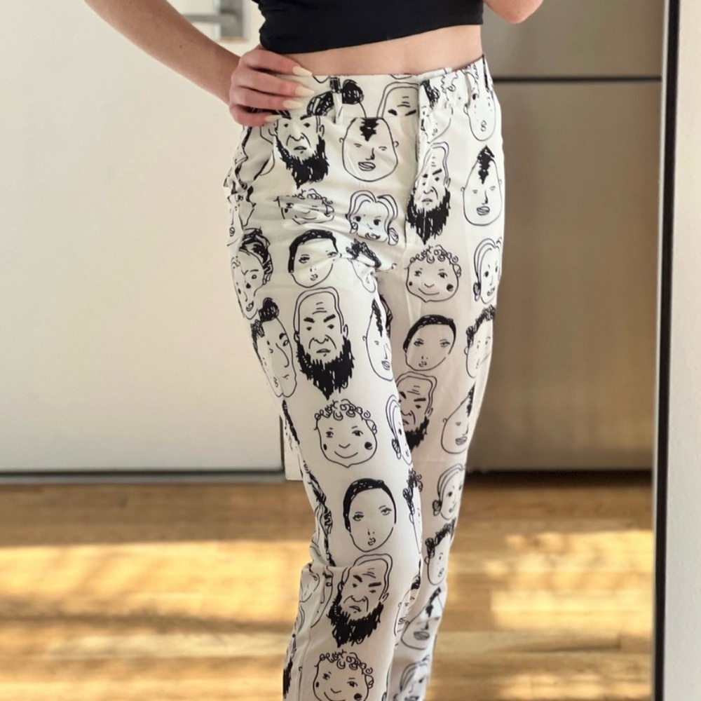 Shekou abstract face pattern black & white pants women's Small EUC